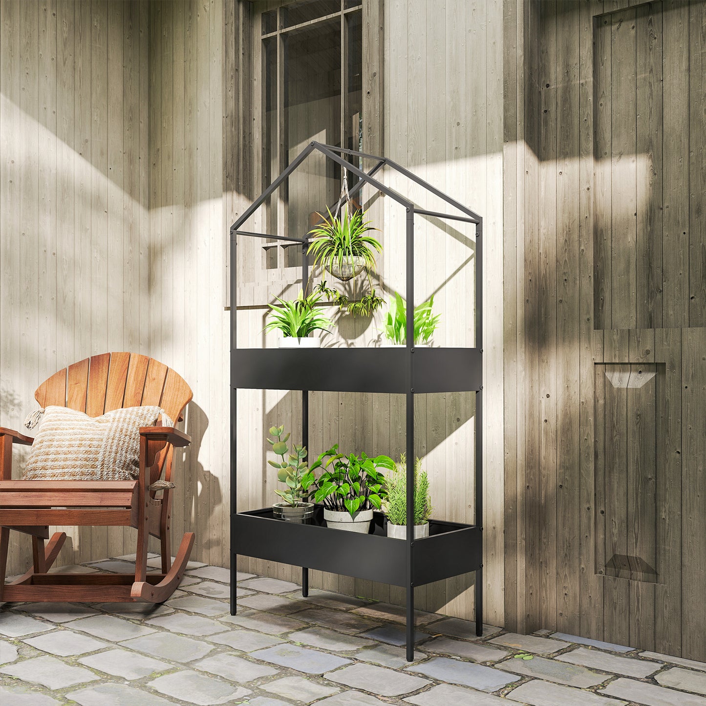 2 Tier Plant Stand, Outdoor Indoor Metal Plant Stand with Hook