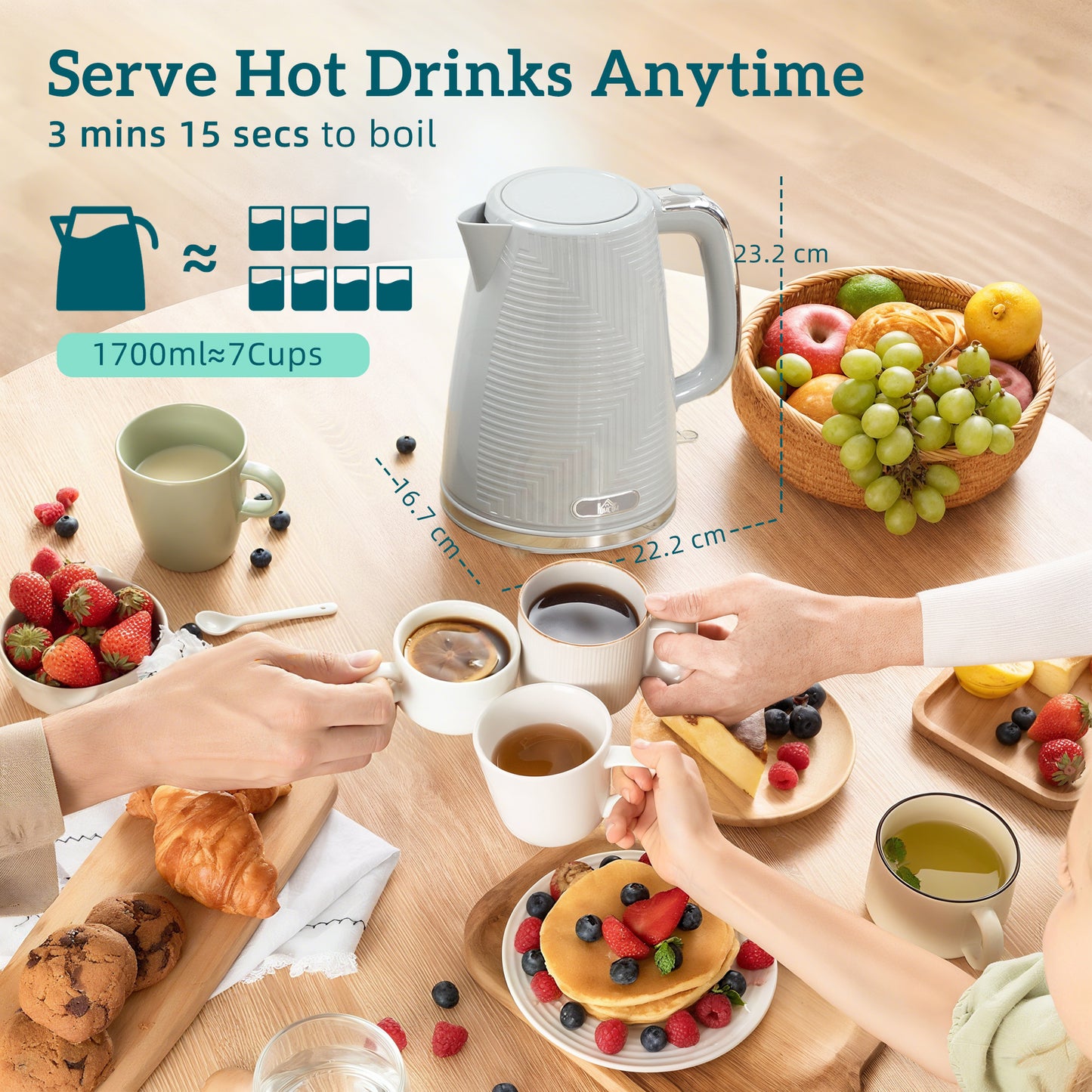 1.7L 3000W Rapid Boil Kettle and 2 Slice Toaster Set Crumb Tray Grey