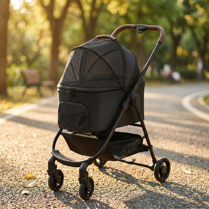 Dog Stroller, 3 in 1 Foldable Pet Stroller for Small Puppy Cat with Detachable Travel Carrier, 4 Wheels Dog Pram with Storage Basket, Seat Leashes, Mesh Window, Black