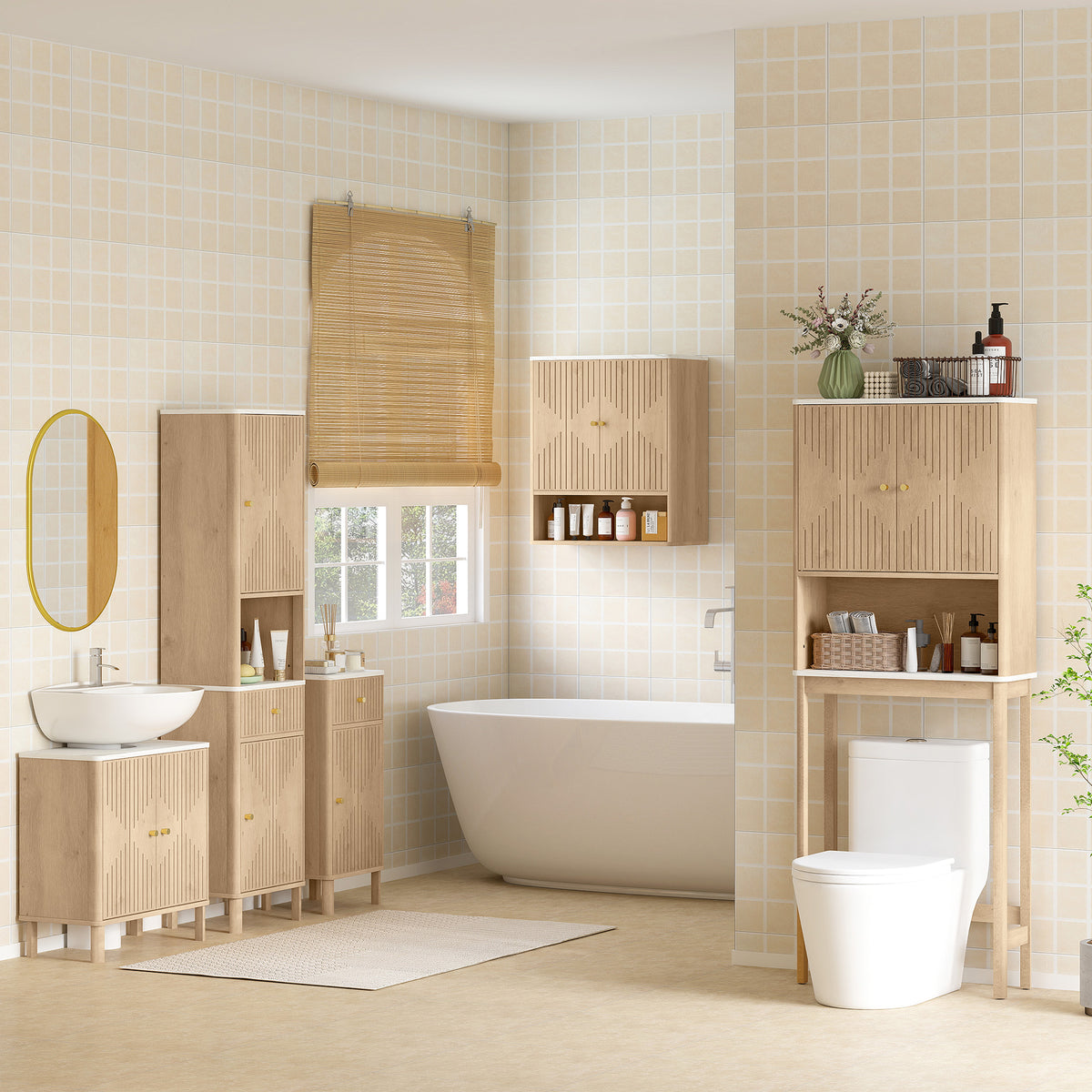 Bathroom Wall Cabinet with Adjustable Shelf and Open Shelf, Oak