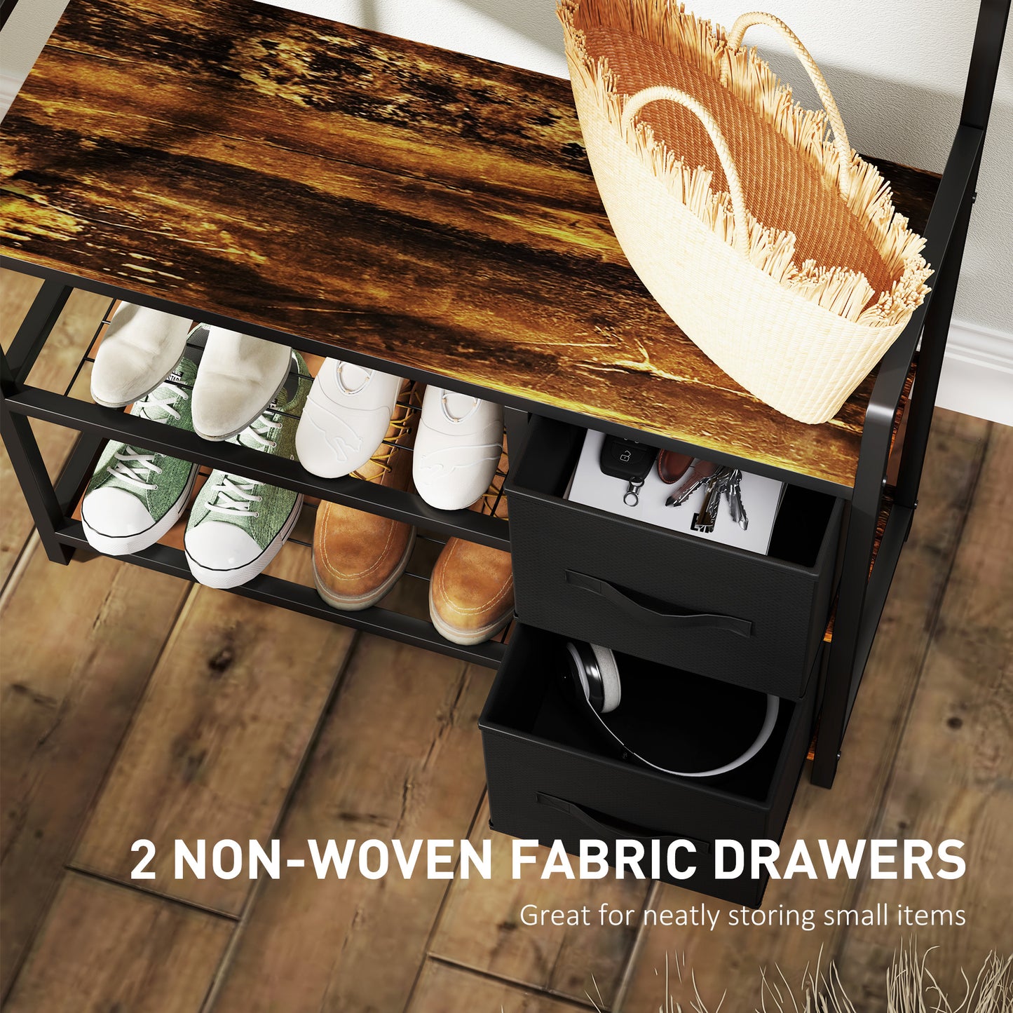 Coat Rack with Drawer, 4-in-1 Hall Tree with Coat Stand, Rustic Brown