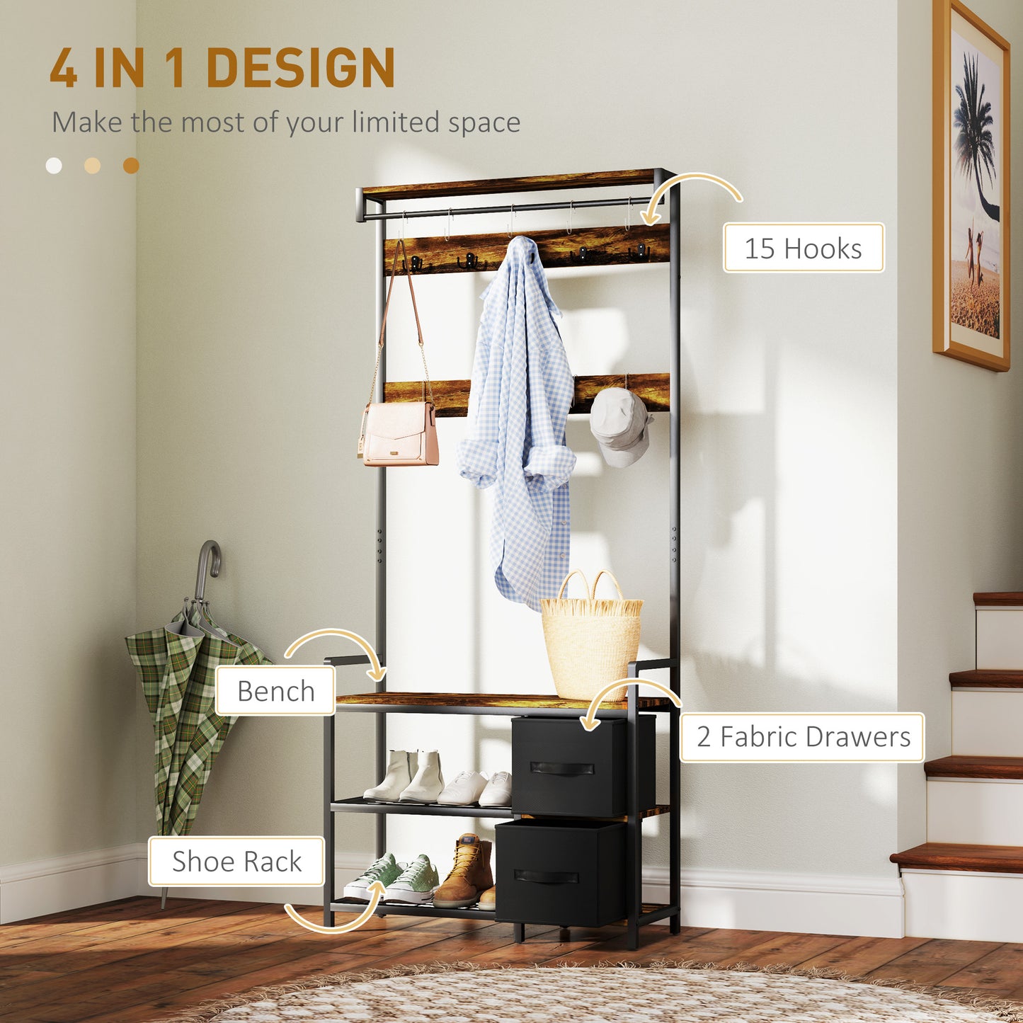 Coat Rack with Drawer, 4-in-1 Hall Tree with Coat Stand, Rustic Brown