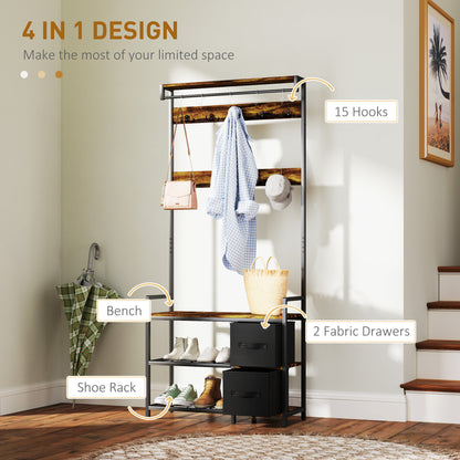 Coat Rack with Drawer, 4-in-1 Hall Tree with Coat Stand, Rustic Brown
