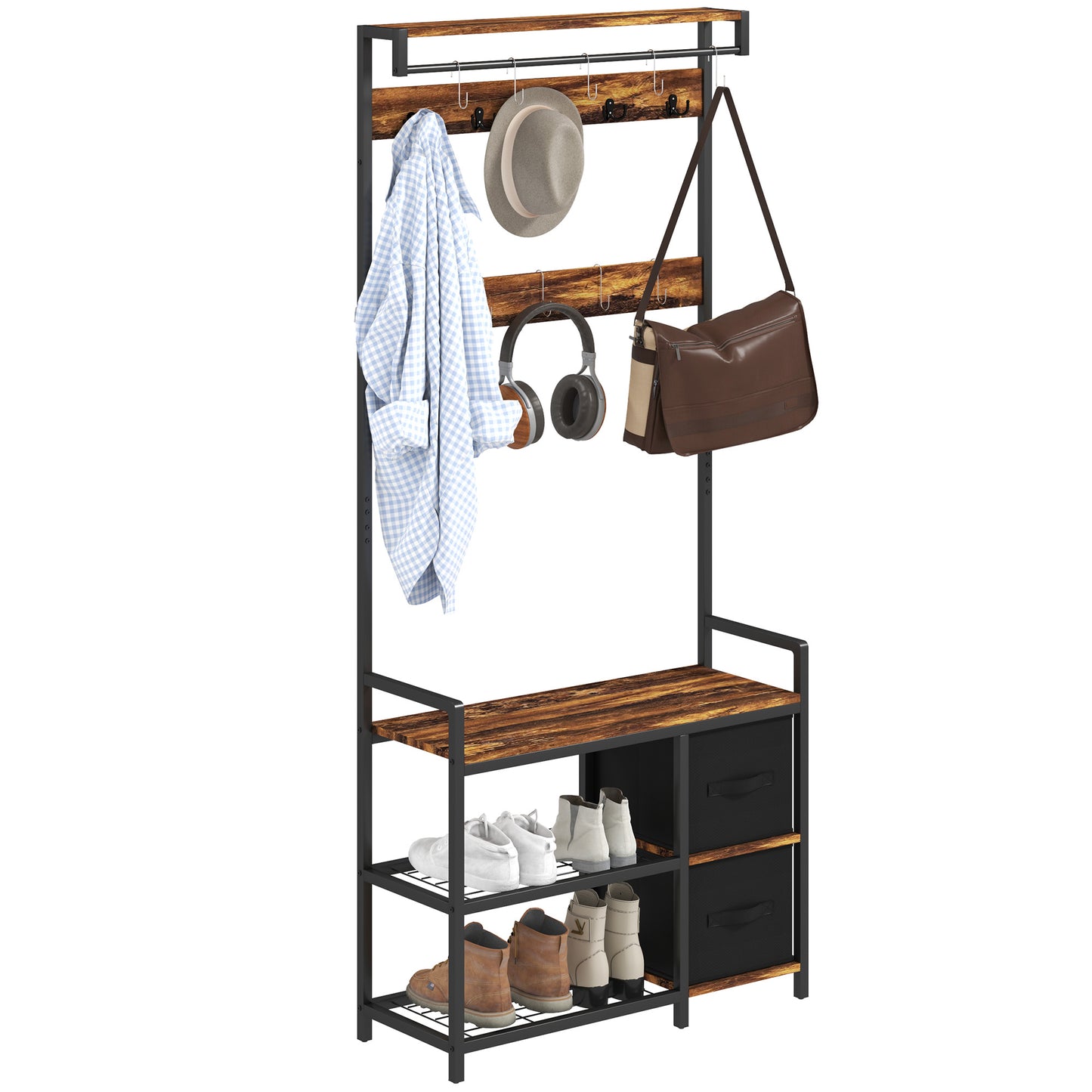 Coat Rack with Drawer, 4-in-1 Hall Tree with Coat Stand, Rustic Brown