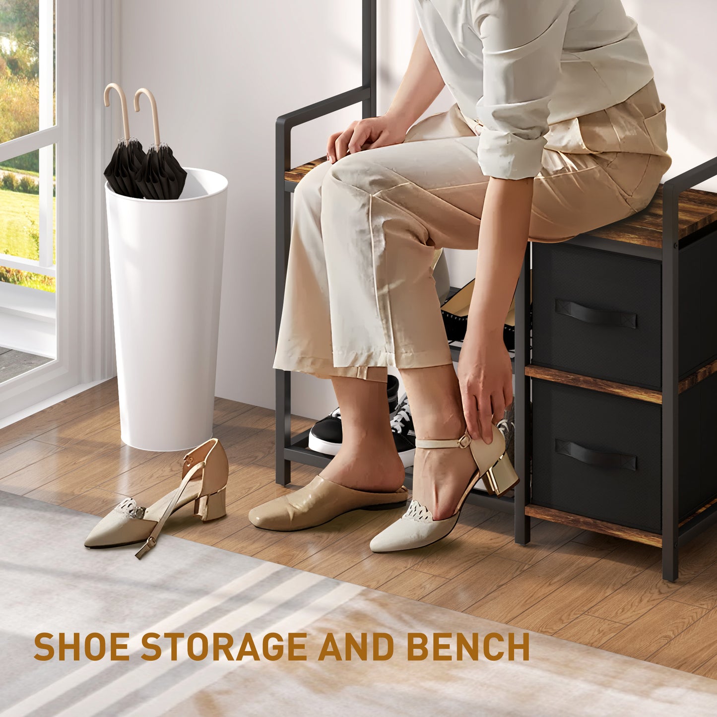 Coat Rack with Drawer, 4-in-1 Hall Tree with Coat Stand, Rustic Brown