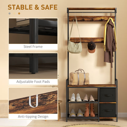 Coat Rack with Drawer, 4-in-1 Hall Tree with Coat Stand, Rustic Brown