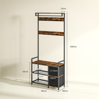 Coat Rack with Drawer, 4-in-1 Hall Tree with Coat Stand, Rustic Brown