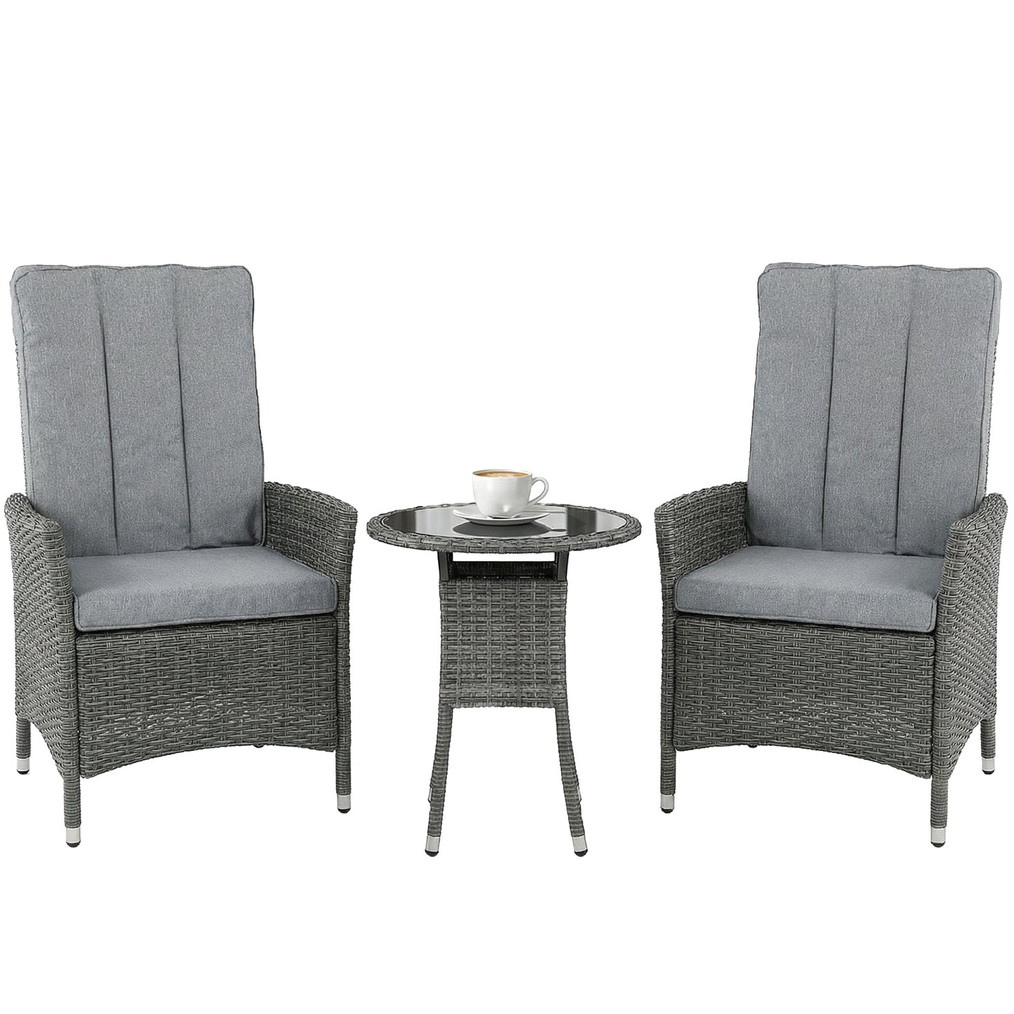 Rattan Bistro Set, Reclining Garden Chairs and Table, Grey