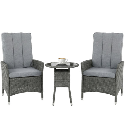 Rattan Bistro Set, Reclining Garden Chairs and Table, Grey