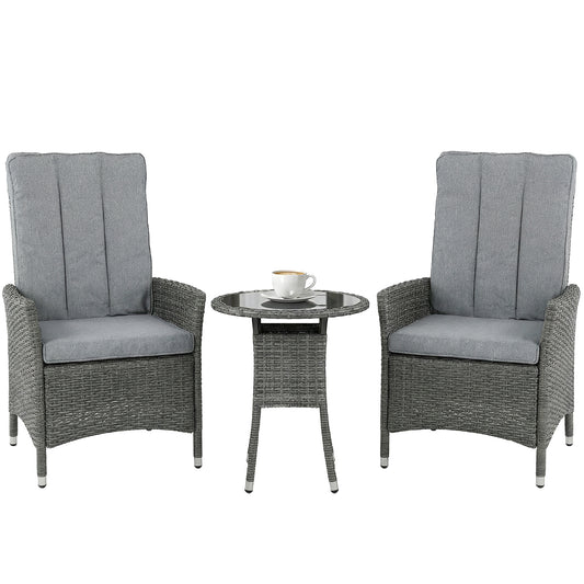 Rattan Bistro Set, Reclining Garden Chairs and Table, Grey