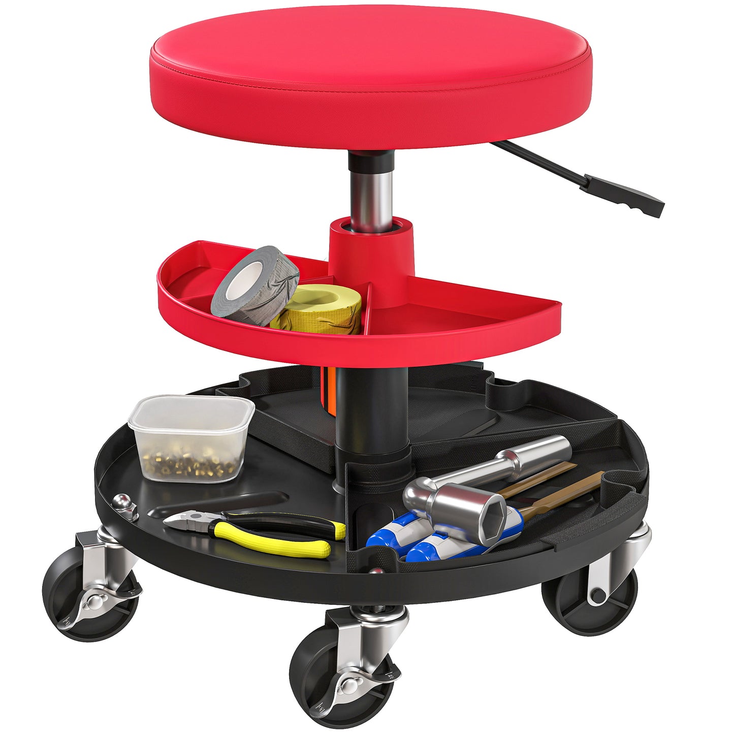 Rolling Mechanic Stool, 135kg Capacity Workshop Stool, 360° Swivel Roller Padded Creeper Seat with Wheels, Tool Trays Storage for Garage, Shop, Auto Repair, Red