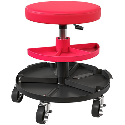 Rolling Mechanic Stool, 135kg Capacity Workshop Stool, 360° Swivel Roller Padded Creeper Seat with Wheels, Tool Trays Storage for Garage, Shop, Auto Repair, Red