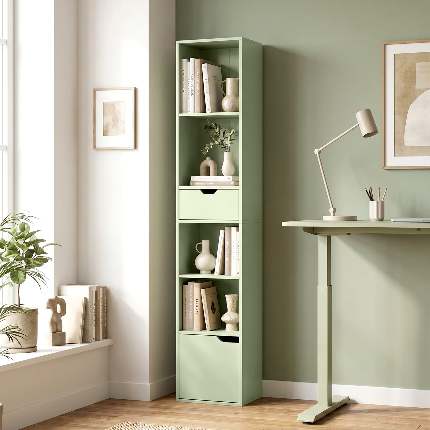 Narrow Bookshelf with Drawer, Tall Bookcase for Living Room, Green