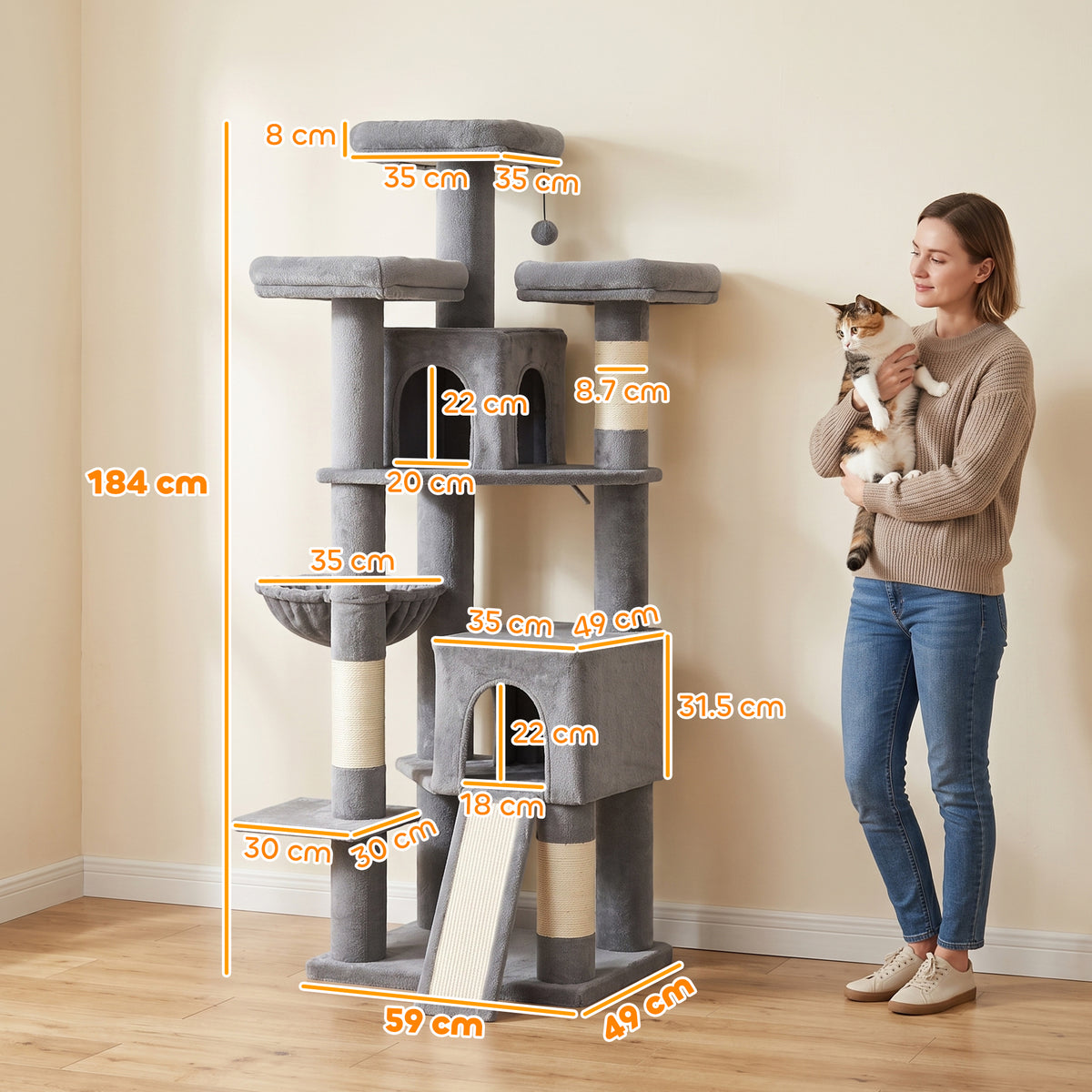 184cm Cat Tree with 2 Condos, 3 Beds and Hammock - Dark Grey