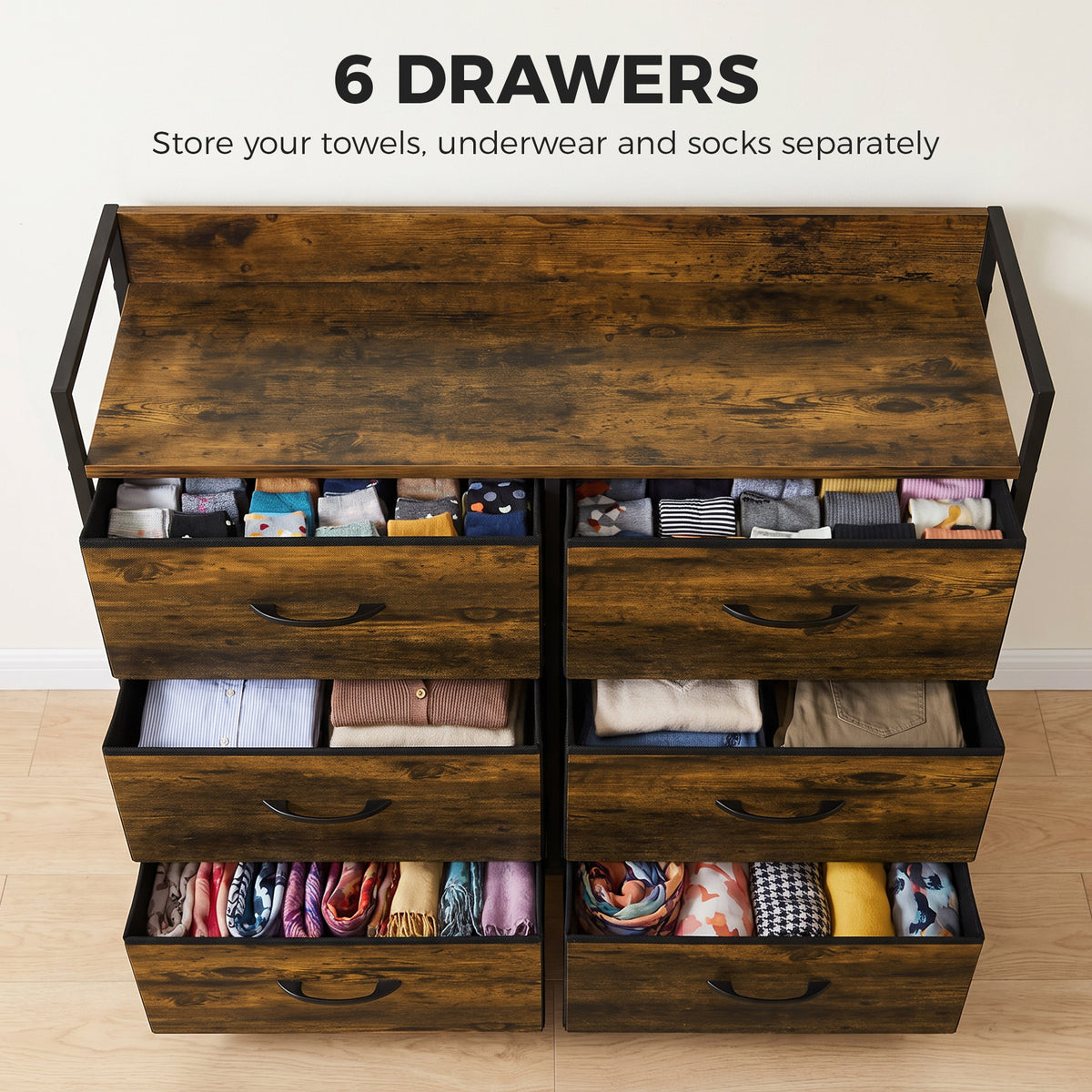 6-Drawer Fabric Chest with Top Shelf and Steel Frame - Rustic Brown & Black