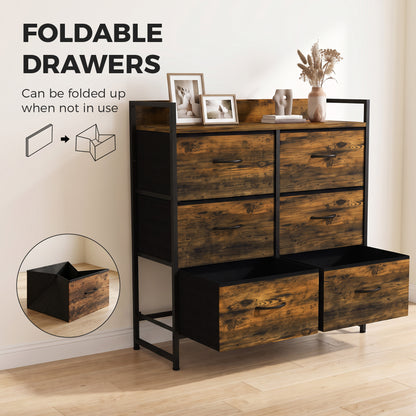 6-Drawer Fabric Chest with Top Shelf and Steel Frame - Rustic Brown & Black
