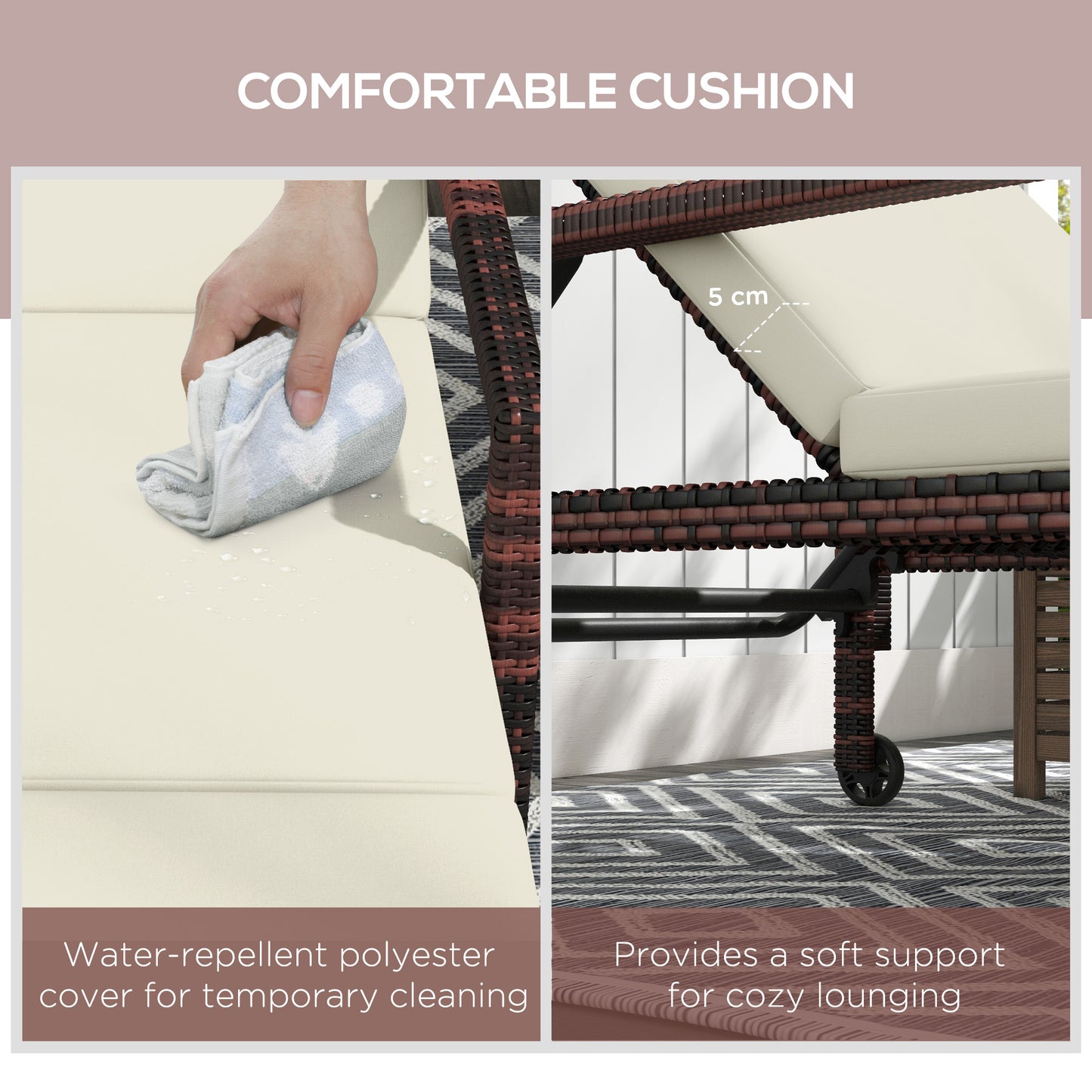 Outdoor Sun Lounger, Rattan Wicker Chaise Lounger with 5-Level Adjustable Backrest and 2 Wheels