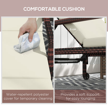 Outdoor Sun Lounger, Rattan Wicker Chaise Lounger with 5-Level Adjustable Backrest and 2 Wheels