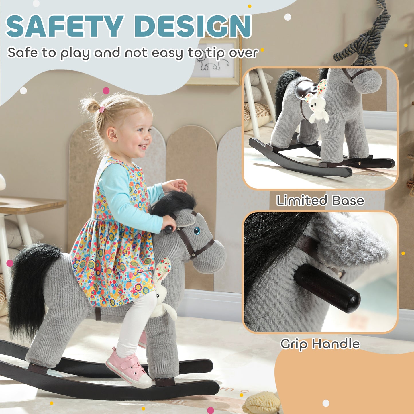 Baby Rocking Horse, Toddler Animal Rocker for Kids Aged 2-5, Grey