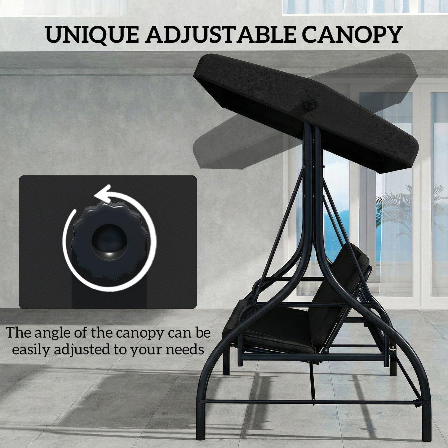 3 Seater Canopy Swing Chair Porch Hammock Bed, Black