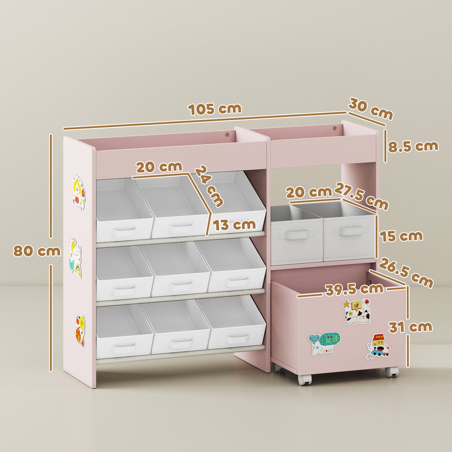 Kids Toy Storage Unit with 11 Fabric Bins, 3 Stickers, Pink
