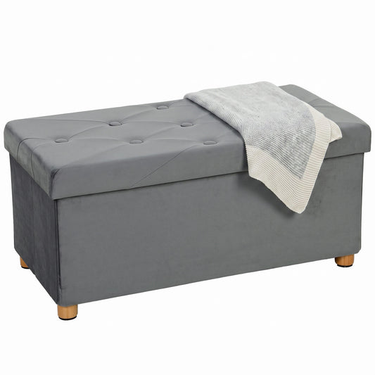 Velvet Upholstered Foldable Ottoman Footrest with Wood Legs, Grey