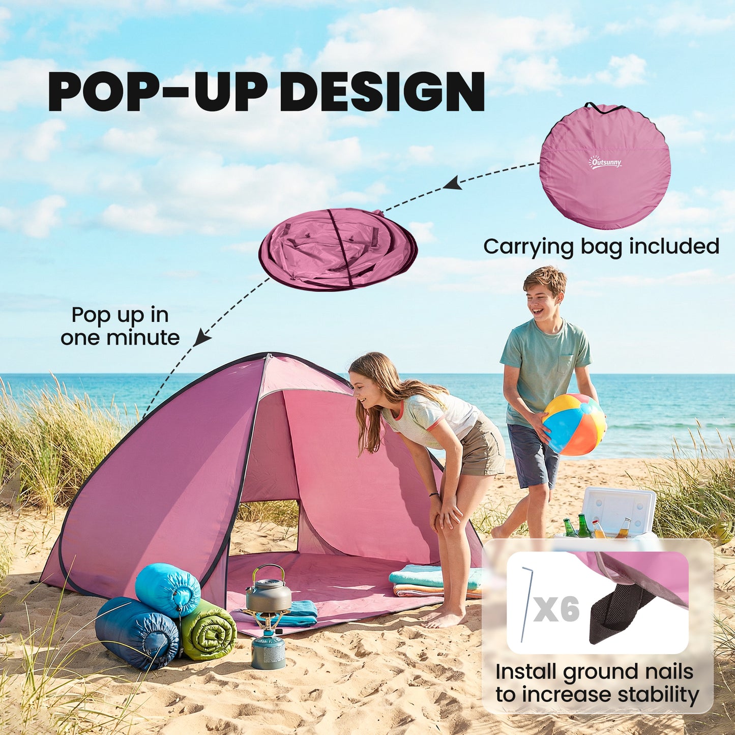 Pop up Beach Tent, UV 50+ Sun Shelter with Carry Bag, Pink