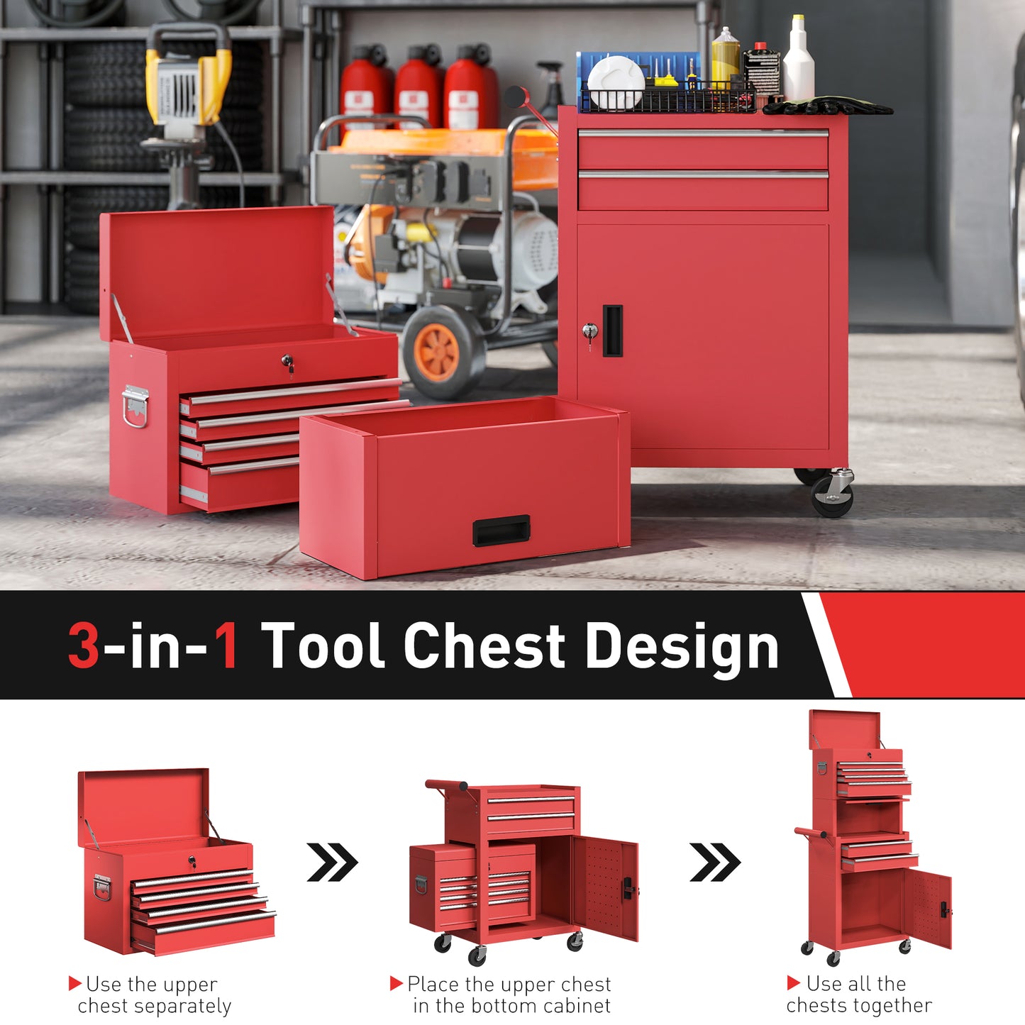 Tool Cabinet with 6 Drawers, 3-in-1 Rolling Tool Chest with Wheels