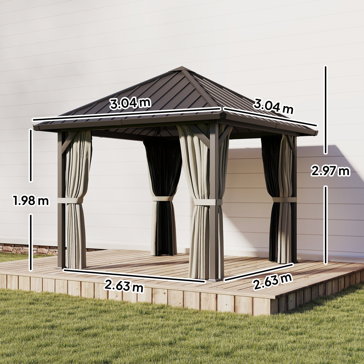 3 x 3(m) Metal Hardtop Gazebo with Netting and Curtains, Black