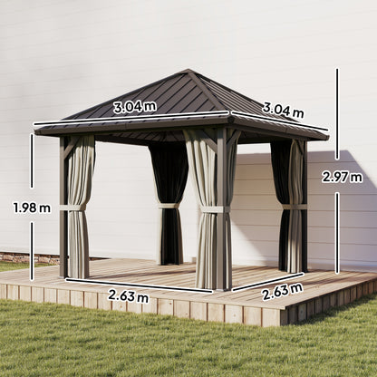 3 x 3(m) Metal Hardtop Gazebo with Netting and Curtains, Black