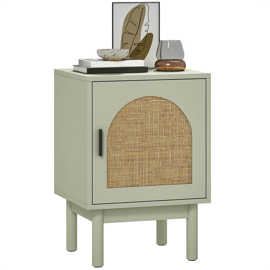 Boho Bedside Table with Rattan Door and Adjustable Shelf, Light Green