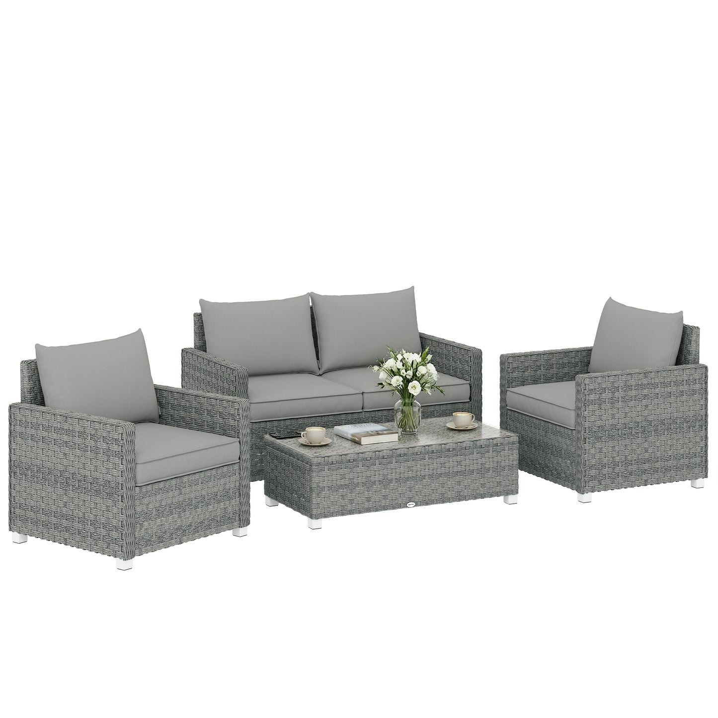 4 Piece Rattan Garden Furniture Set with Loveseat, 2 Armchairs, Glass-Top Table, Wicker Patio Conversation Set, Grey