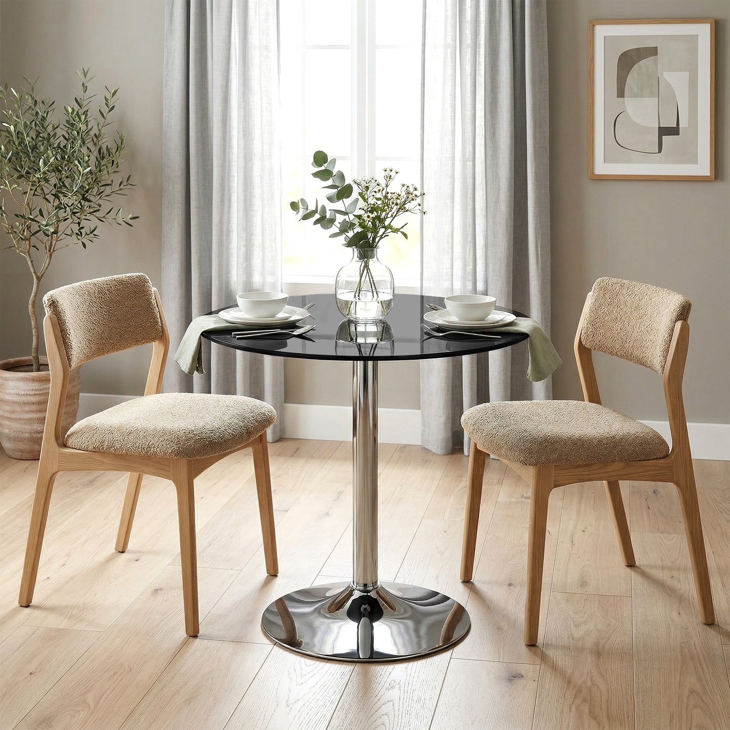 Round Bar Table, Dining Table with Tempered Glass Top and Steel Frame