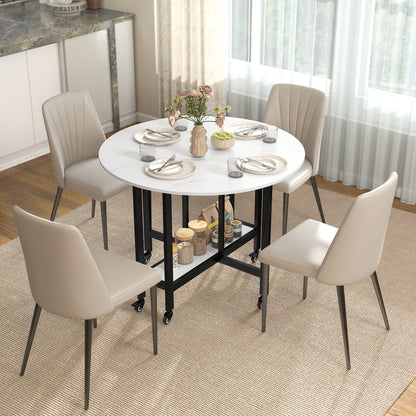 Folding Dining Table, Drop Leaf Table with Open Shelf, White Marble