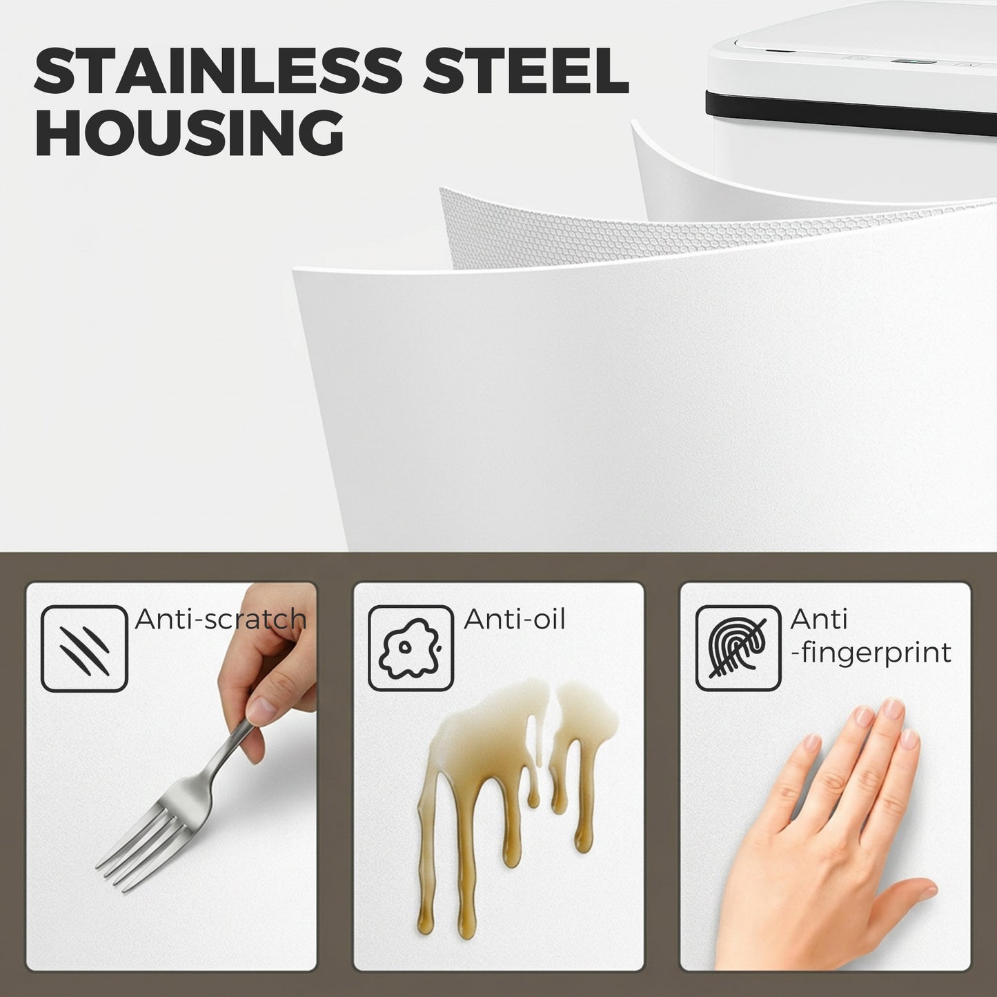 50L Sensor Bin with Quiet Soft-Close Lid, Automatic Touchless Motion Sensor Kitchen Bin with Fingerprint Resistant Stainless Steel for Hygienic Gyms, Home Office Use, White