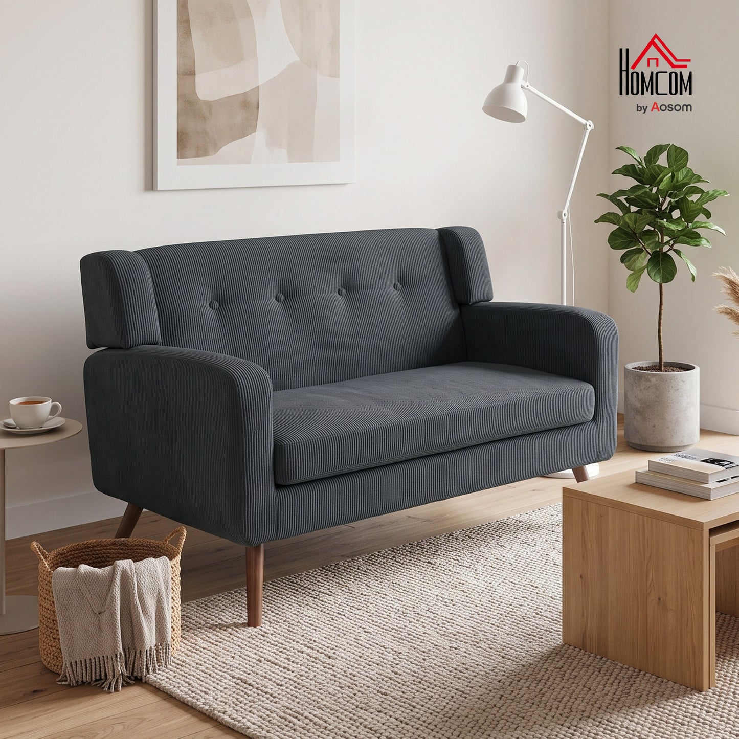 2 Seater Sofa, 118 cm Corduroy Small Loveseat Sofa, Dark Grey