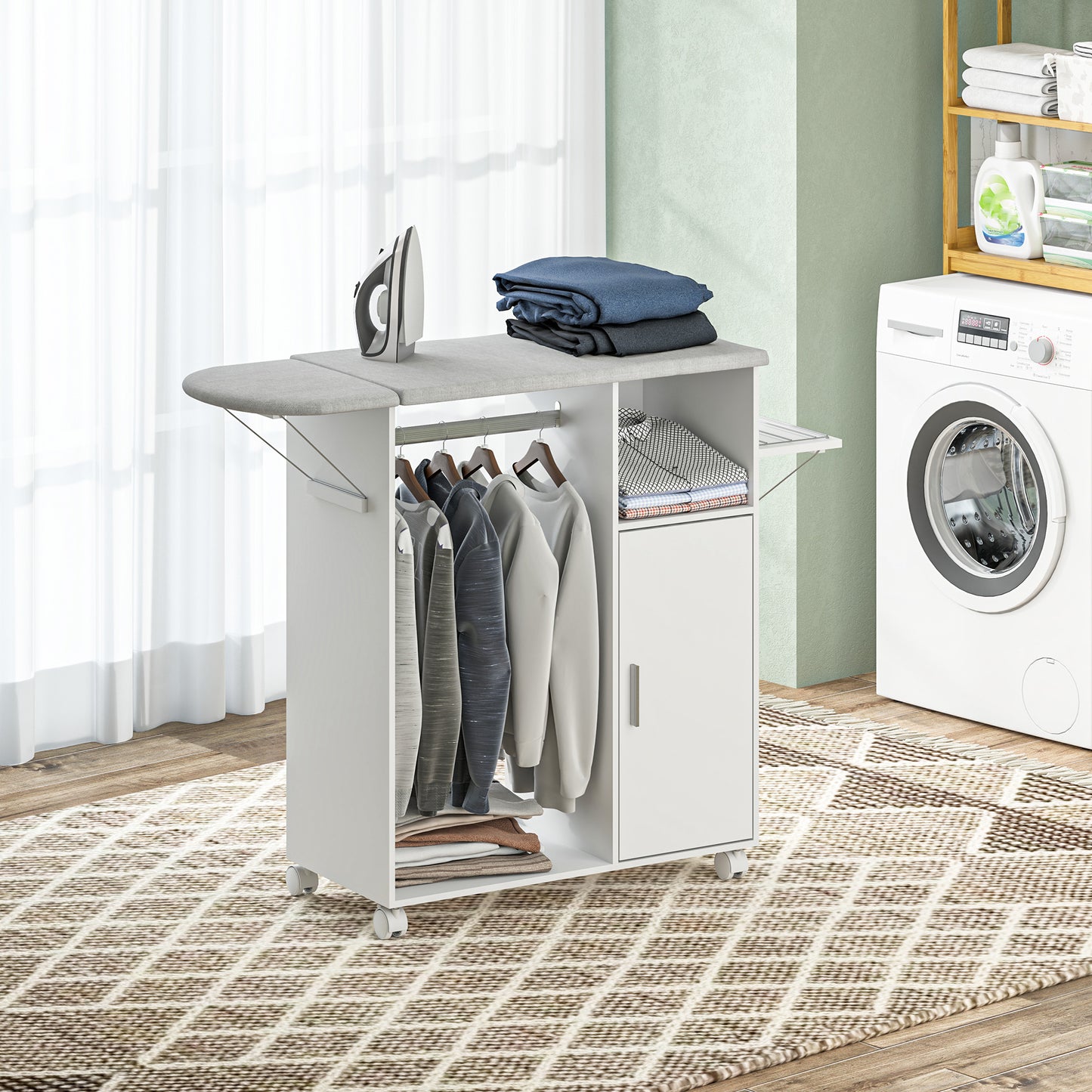 Rolling Ironing Board Cabinet, Foldable Ironing Station with Storage