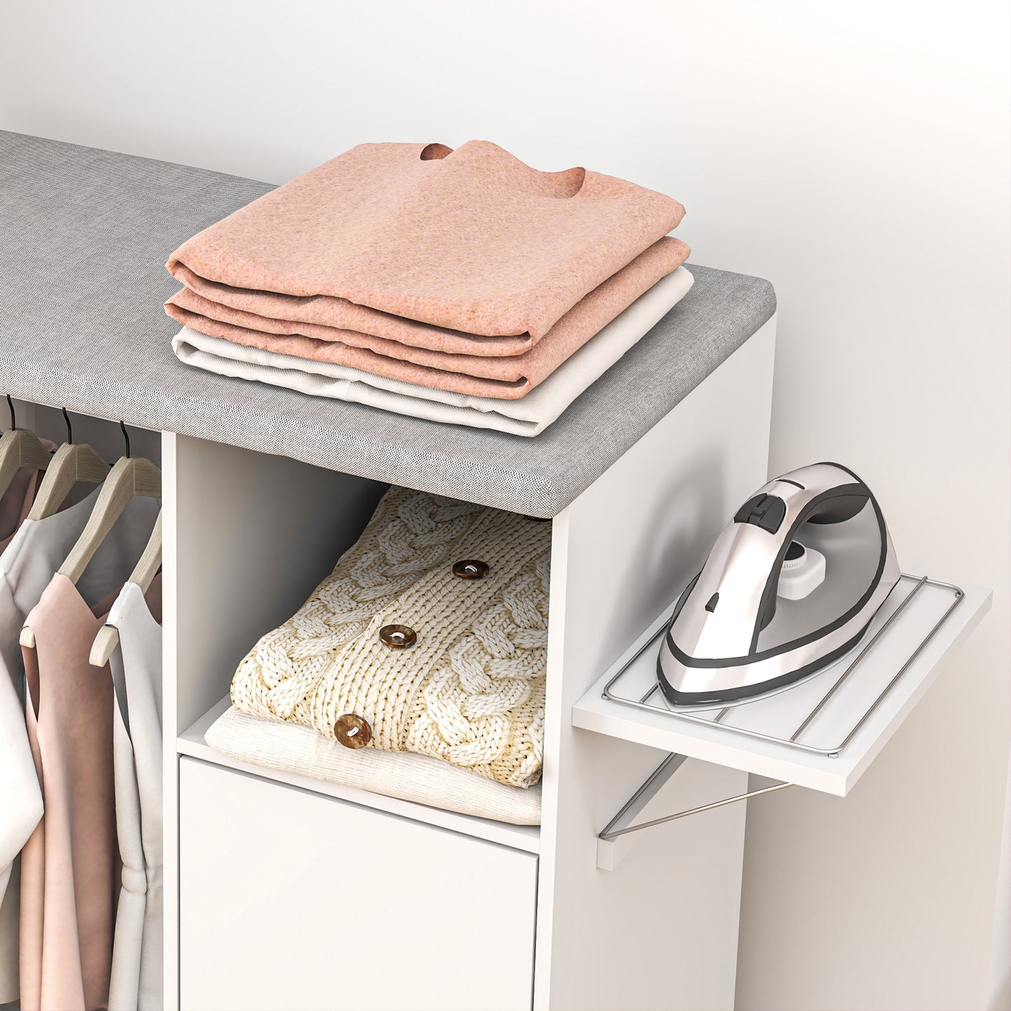 Rolling Ironing Board Cabinet, Foldable Ironing Station with Storage