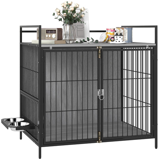 Dog Crate Furniture with Rotating Bowl Holder for Medium Dogs, Grey