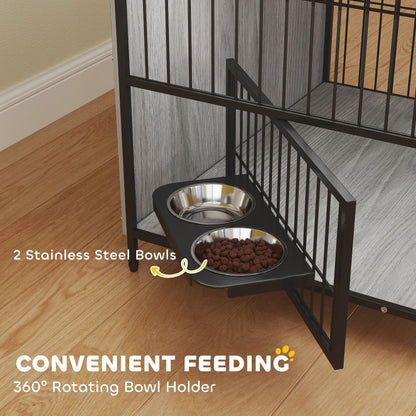 Dog Crate Furniture with Rotating Bowl Holder for Medium Dogs, Grey