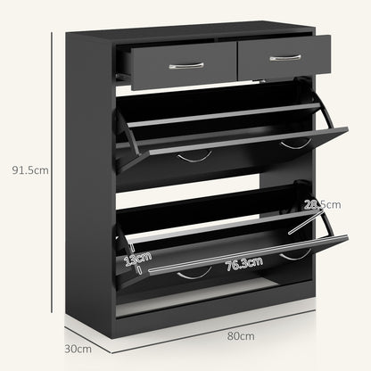 Slim Shoe Cabinet with 2 Flip Drawers for 12 Pairs of Shoes Black