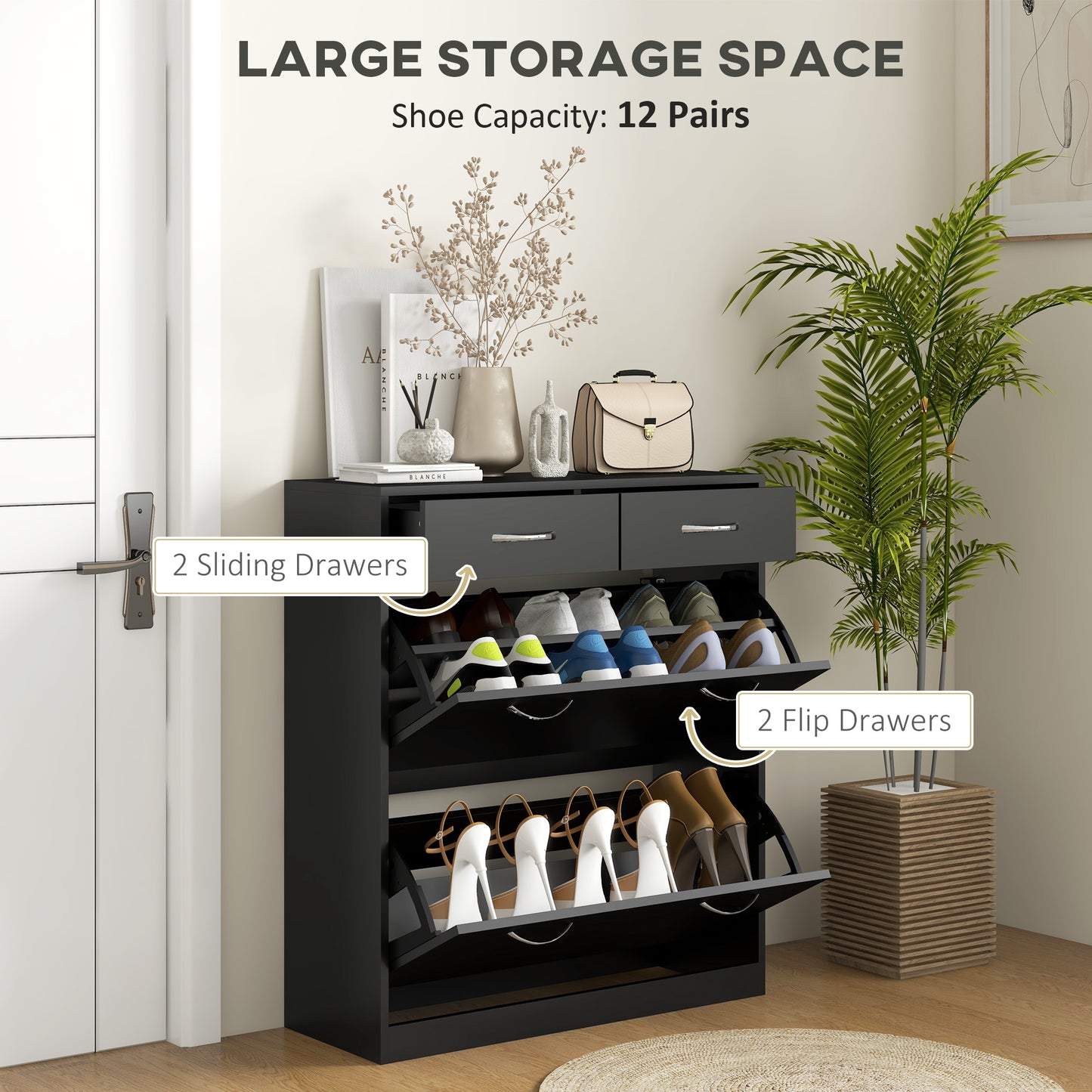 Slim Shoe Cabinet with 2 Flip Drawers for 12 Pairs of Shoes Black