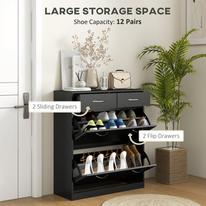 Slim Shoe Cabinet with 2 Flip Drawers for 12 Pairs of Shoes Black