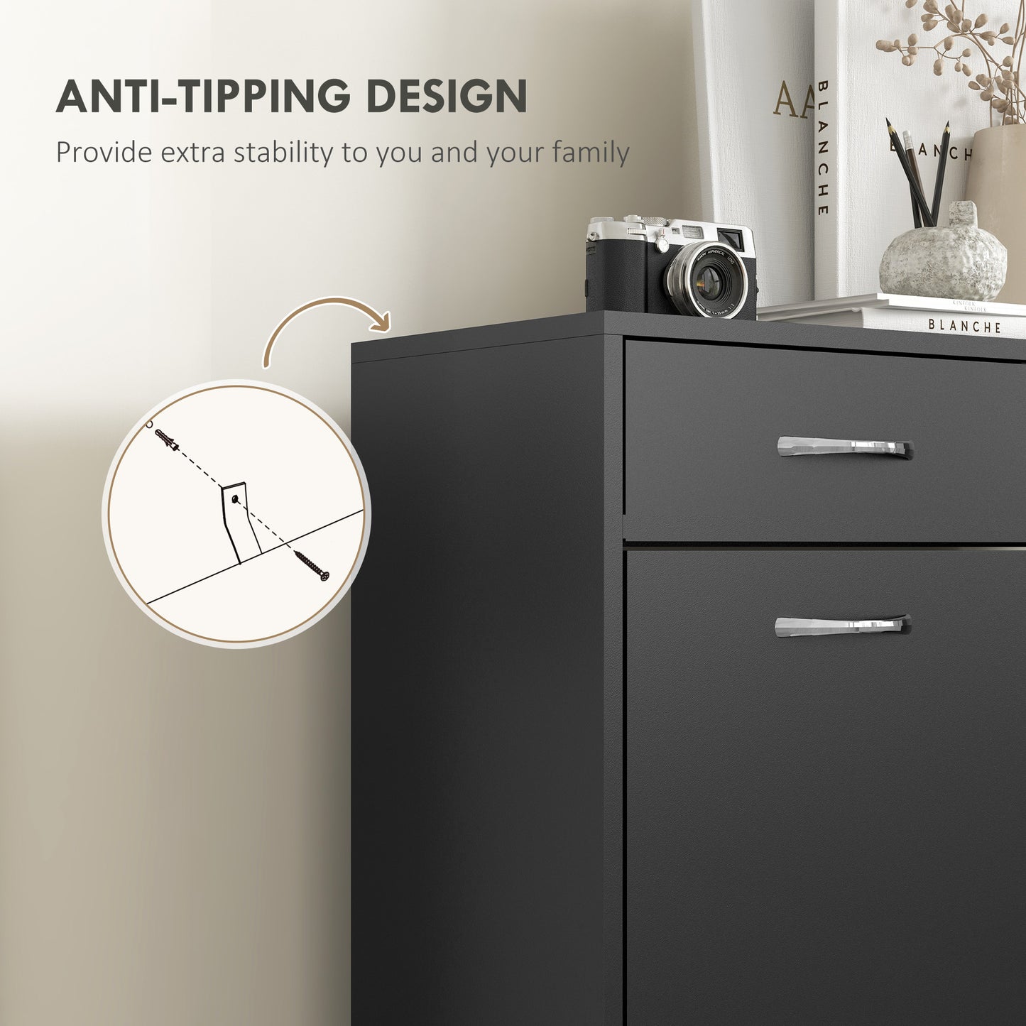 Slim Shoe Cabinet with 2 Flip Drawers for 12 Pairs of Shoes Black