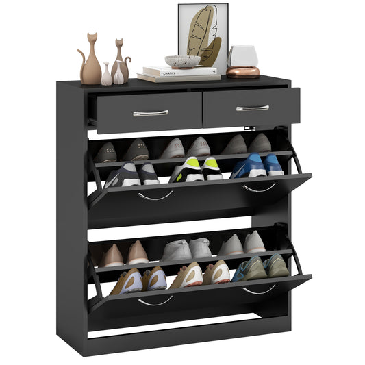 Slim Shoe Cabinet with 2 Flip Drawers for 12 Pairs of Shoes Black