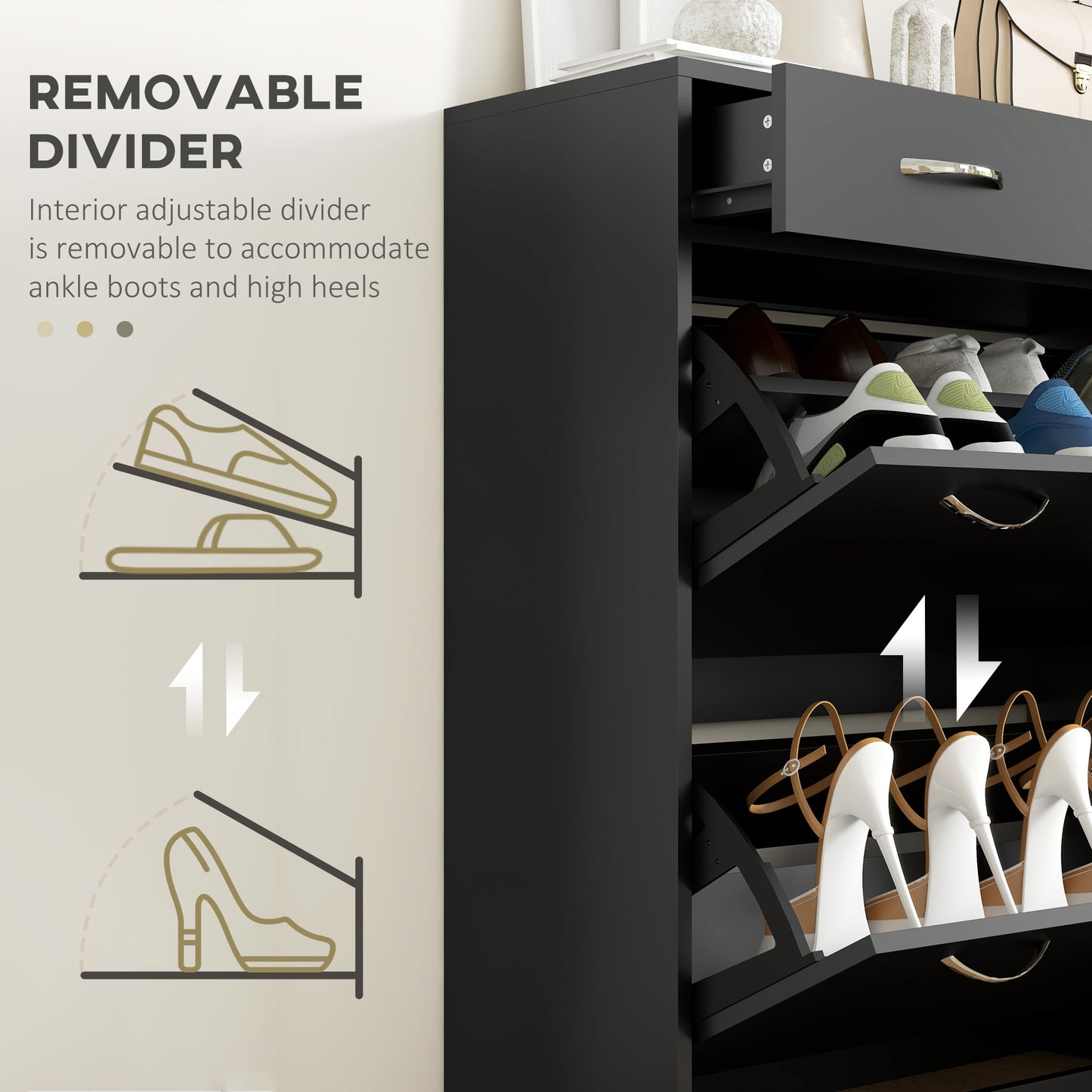 Slim Shoe Cabinet with 2 Flip Drawers for 12 Pairs of Shoes Black