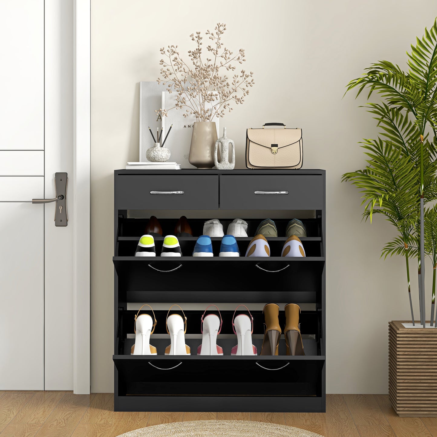 Slim Shoe Cabinet with 2 Flip Drawers for 12 Pairs of Shoes Black