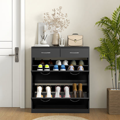 Slim Shoe Cabinet with 2 Flip Drawers for 12 Pairs of Shoes Black
