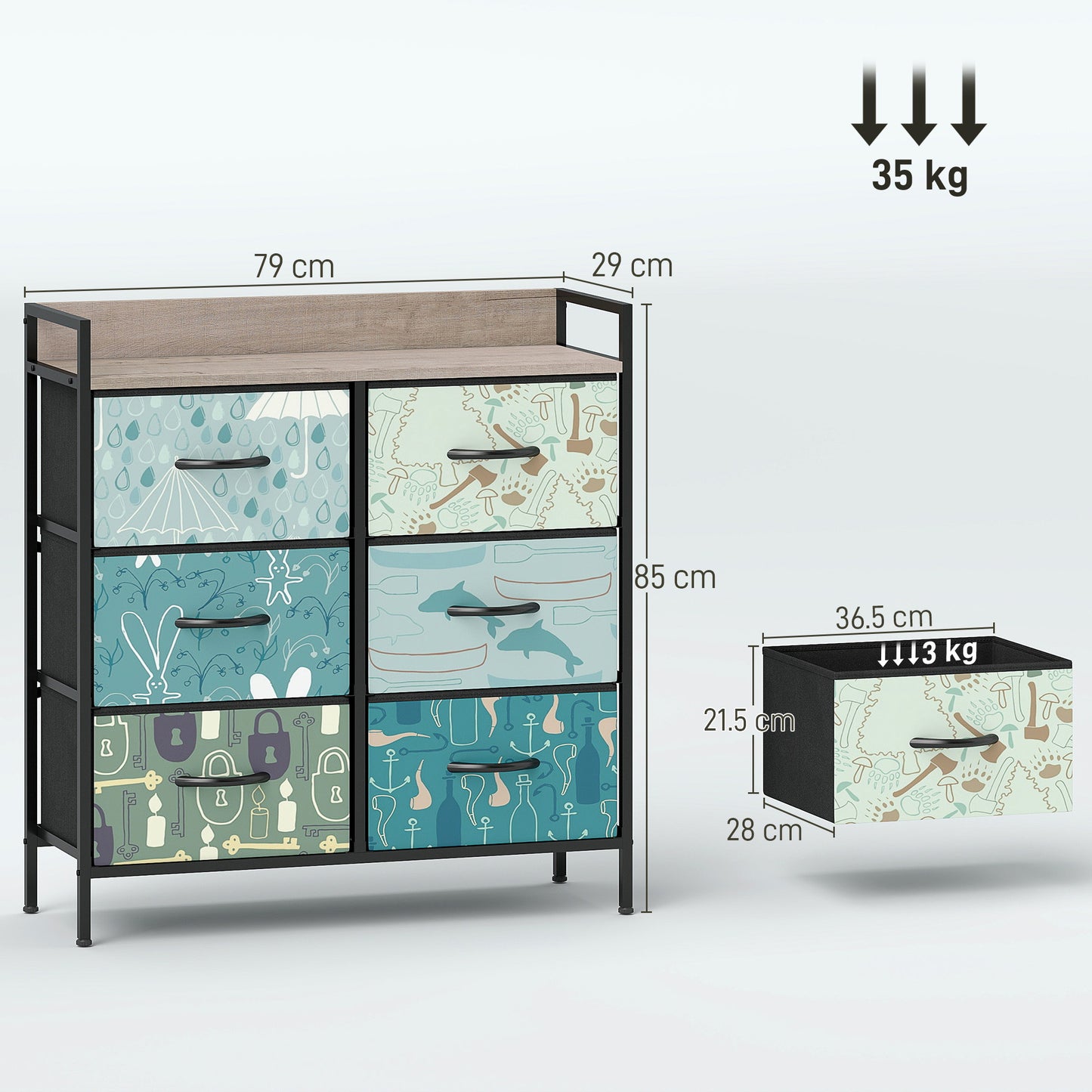 6-Drawer Chest of Drawers, Fabric Dresser with Open Shelf, Blue