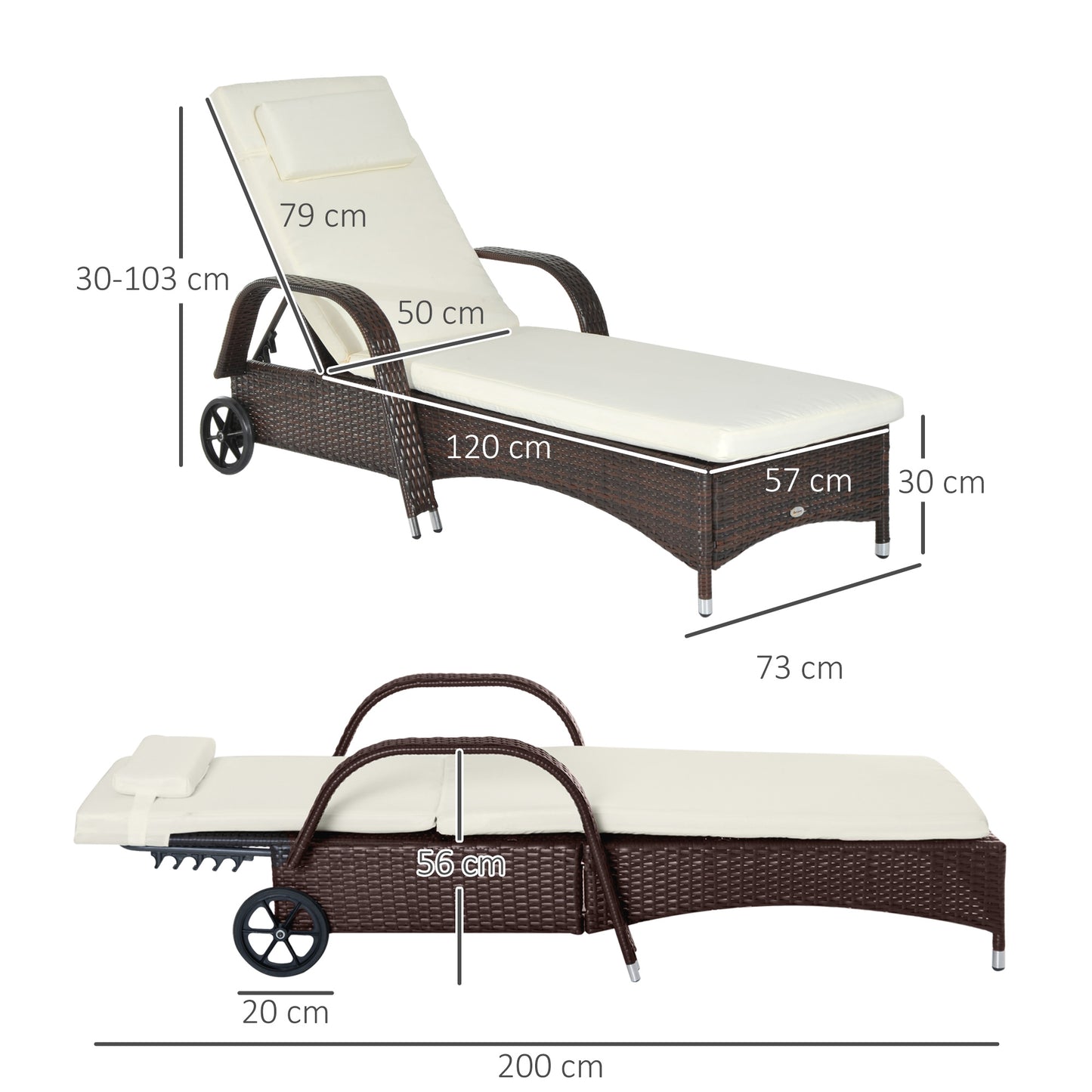 Outsunny Garden Rattan Furniture Single Sun Lounger Recliner Bed Reclining Chair Patio Outdoor Wicker Weave Adjustable Headrest with Fire Retardant Cushion - Brown